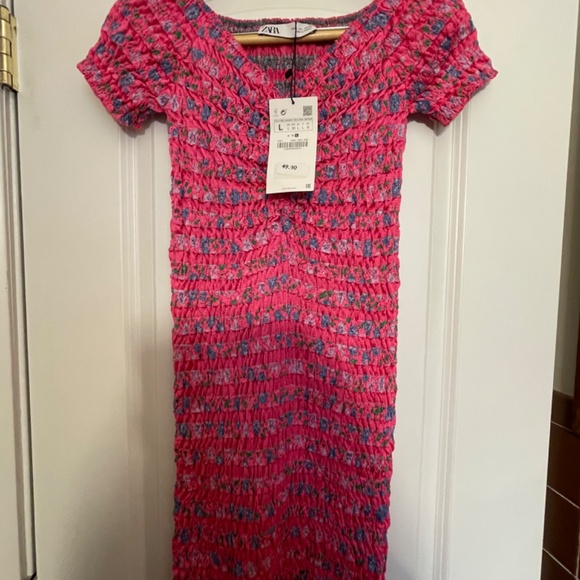 Zara Dresses & Skirts - NWT  ZARA Hot  Pink Floral Smocked  Stretch Off Shoulder   Mini Dress Size L